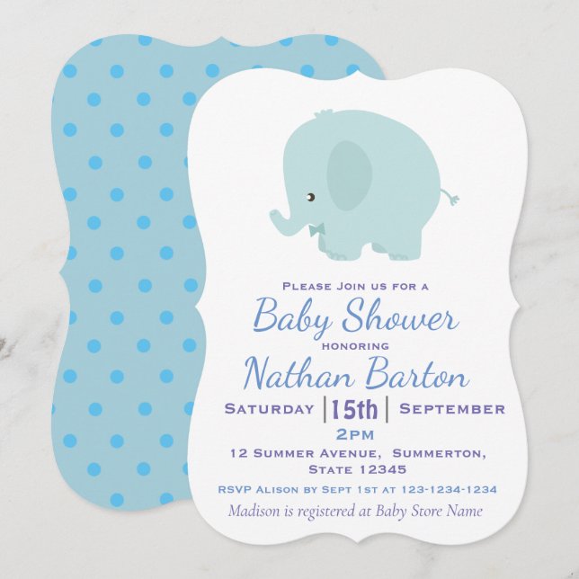 Cute Blue Elephant and Dots Boy Baby Shower Inbjudningar (Fram/baksida)