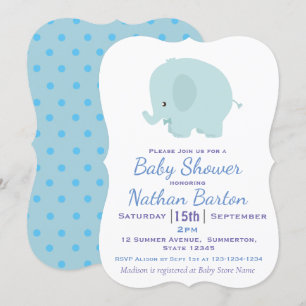 Cute Blue Elephant and Dots Boy Baby Shower Inbjudningar