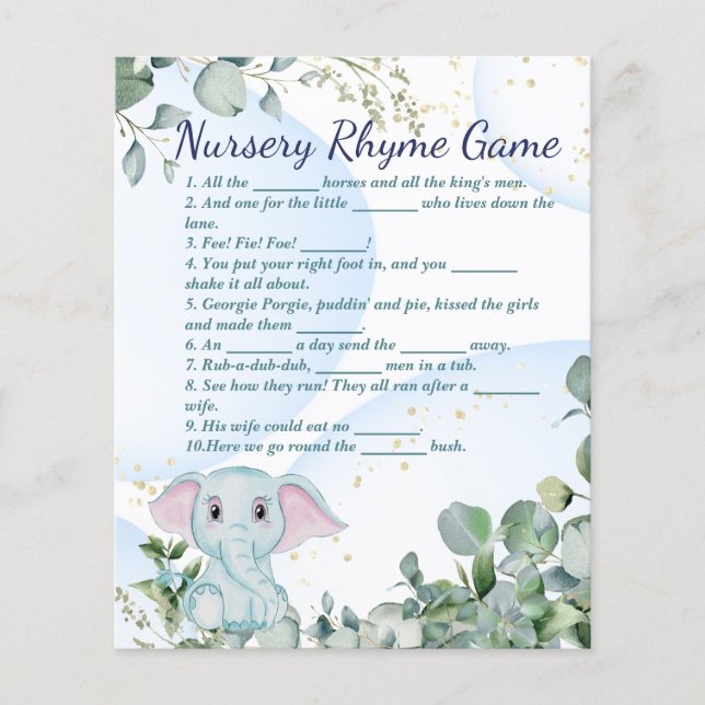 Cute Blue Elephant and Eucalyptus Baby Shower Game Flygblad (Framsidan)