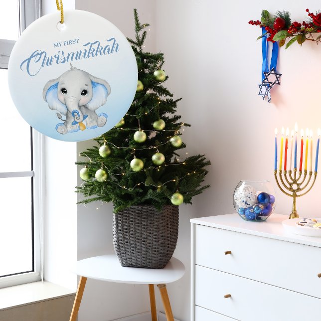 Cute Blue Elephant Baby första Chrismukah Julgransprydnad Keramik (Skapare uppladdad)