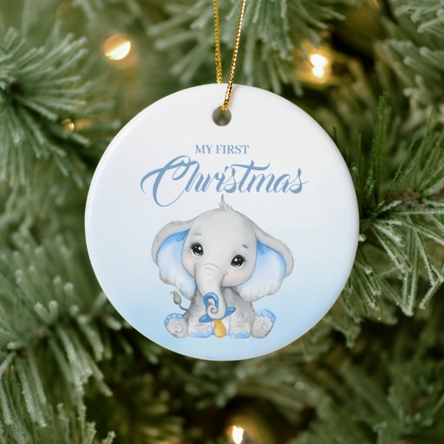 Cute Blue Elephant Baby Första jul Julgransprydnad Keramik (Träd)