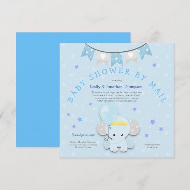 Cute Blue Elephant Baby Shower by Mail Inbjudningar (Fram/baksida)