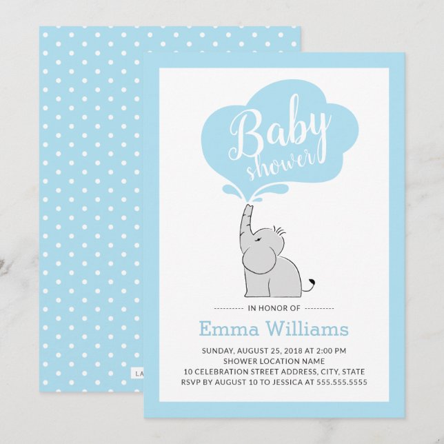 Cute Blue Elephant Baby Shower-inbjudan för pojke Inbjudningar (Fram/baksida)