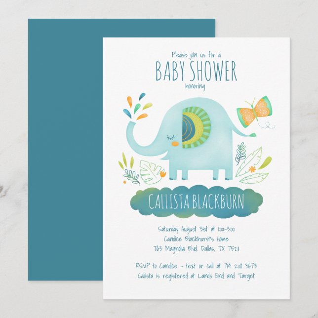 Cute Blue Elephant Baby Shower Inbjudningar (Fram/baksida)
