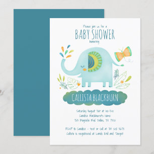 Cute Blue Elephant Baby Shower Inbjudningar