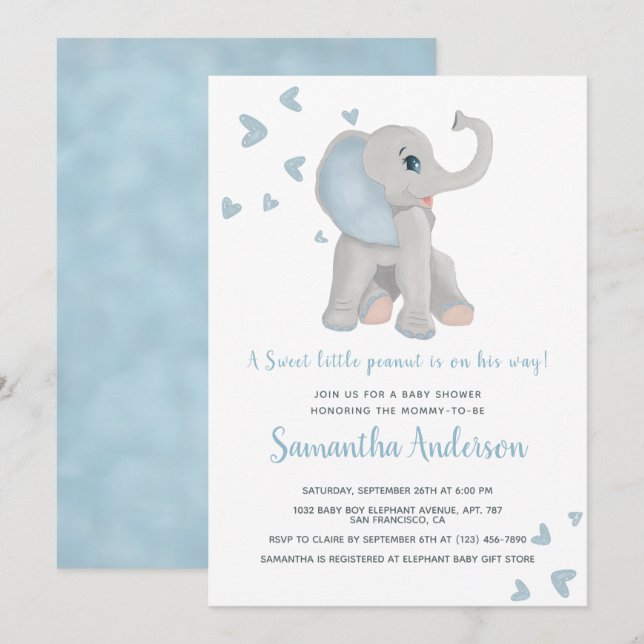 Cute Blue Elephant Baby Shower Watercolor Inbjudningar (Fram/baksida)