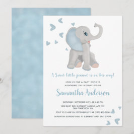 Cute Blue Elephant Baby Shower Watercolor Inbjudningar