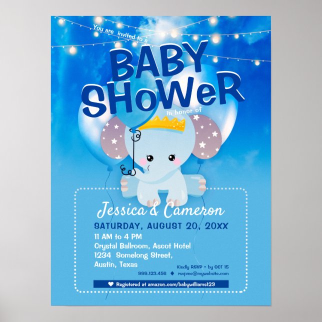 Cute Blue Elephant & Balloons Baby Party Flyer Poster (Framsidan)