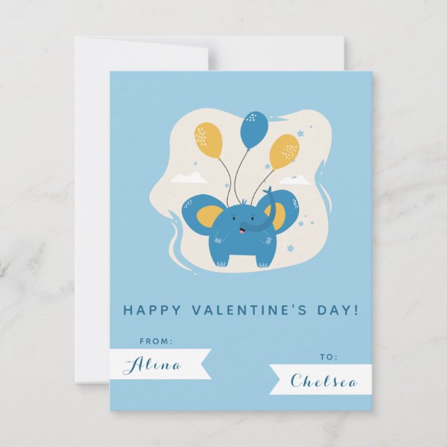 Cute Blue Elephant & Balloons Kids Valentines day Anteckningskort (Framsida)