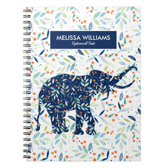 Cute Blue Elephant Botanical Blad Mönster Anteckningsbok Med Spiral (Framsidan)