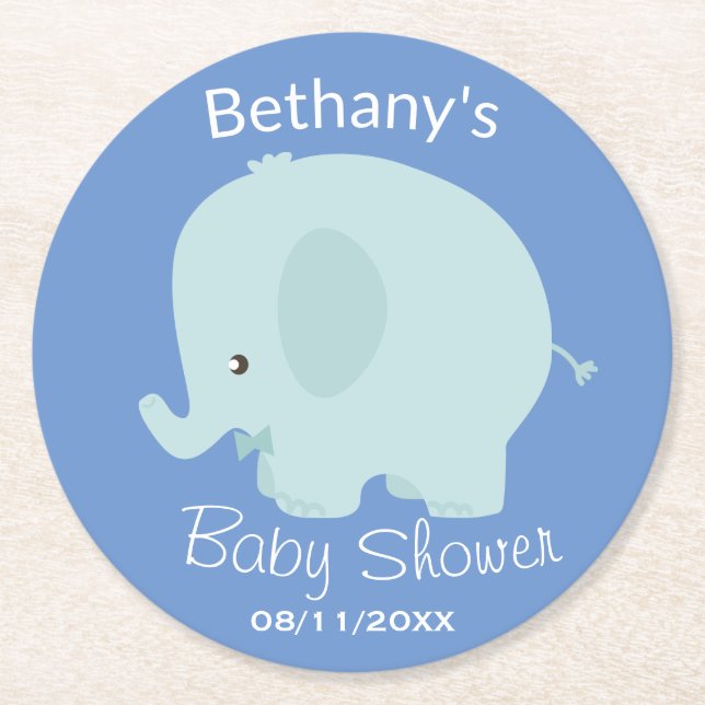 Cute Blue Elephant Boy Baby Shower Anpassningsbar Underlägg Papper Rund (Framsidan)
