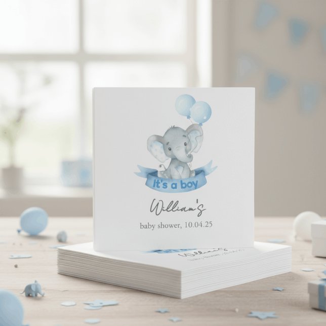 Cute Blue Elephant Boy Baby Shower Napkins Pappersservett (Skapare uppladdad)