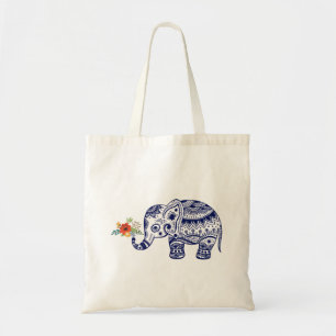 Cute Blue Elephant Bringing Colorful Flowers Tygkasse