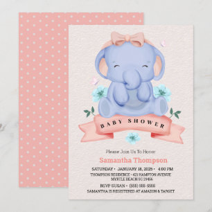 Cute Blue Elephant Girls Coral Baby Shower Inbjudningar