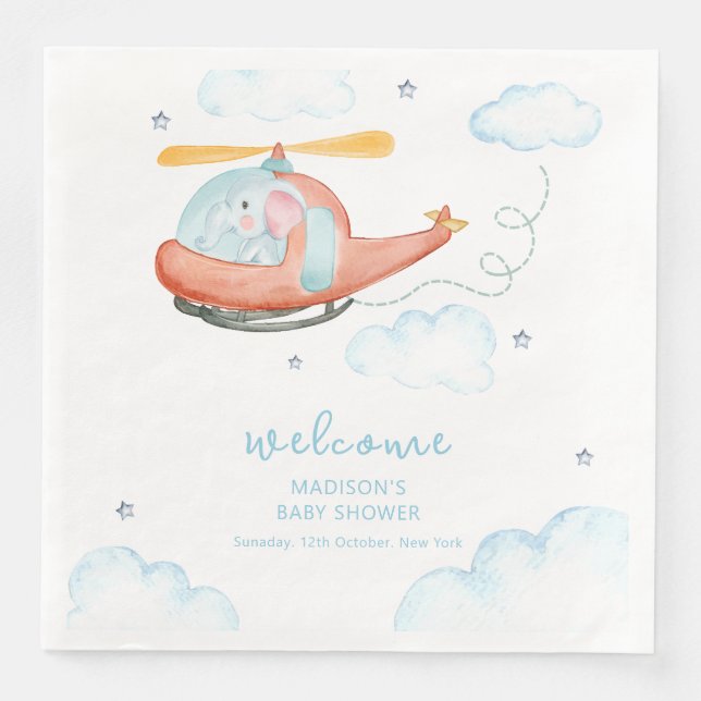 Cute Blue Elephant Helicopter Baby Shower Welcome  Pappersservett (Framsida)
