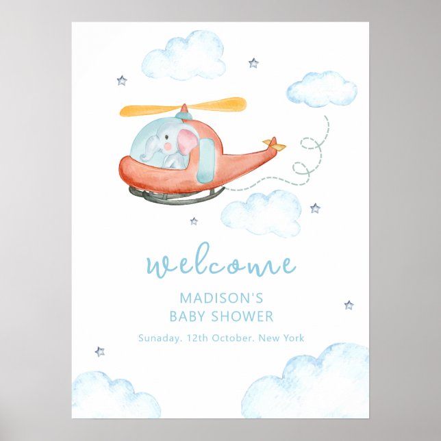 Cute Blue Elephant Helicopter Baby Shower Welcome  Poster (Framsidan)