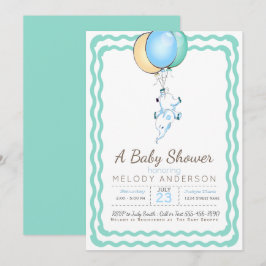 Cute Blue Elephant och Balloons Baby Shower Inbjudningar