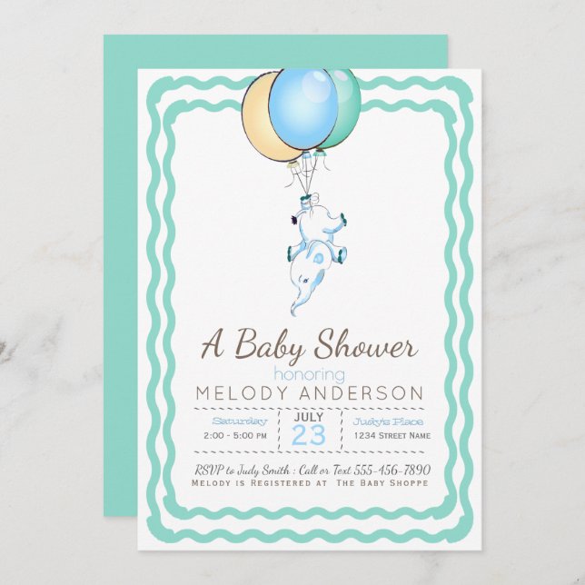 Cute Blue Elephant och Balloons Baby Shower Inbjudningar (Fram/baksida)