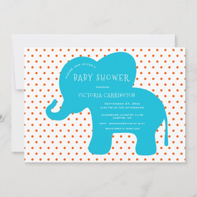 Cute Blue Elephant Orange Polkadots Baby Shower Inbjudningar (Framsida)