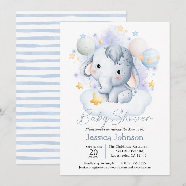 Cute Blue Elephant Stars Watercolor Inbjudningar (Fram/baksida)