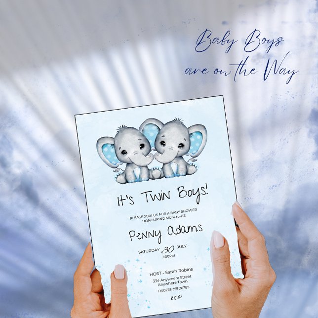 Cute Blue Elephant Twins Baby Shower Invitation Tack Kort (Skapare uppladdad)