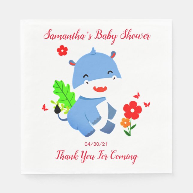 Cute Blue Elephant with Red Flowers Baby Shower Pappersservett (Framsidan)