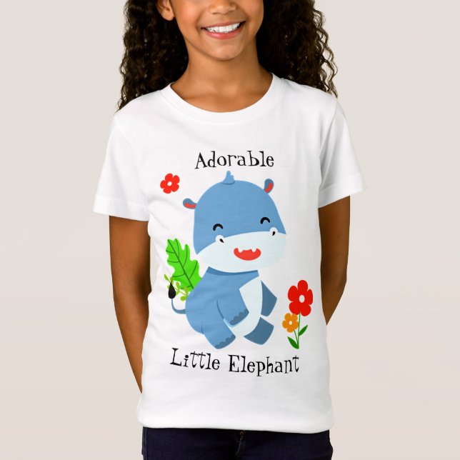 Cute Blue Elephant with Red Flowers T Shirt (Framsida)