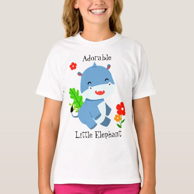 Cute Blue Elephant with Red Flowers T Shirt (Framsida)