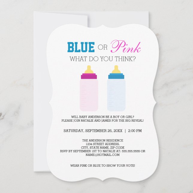 Cute Blue eller Rosa Baby Flaska Gender Reveal Par Inbjudningar (Framsida)