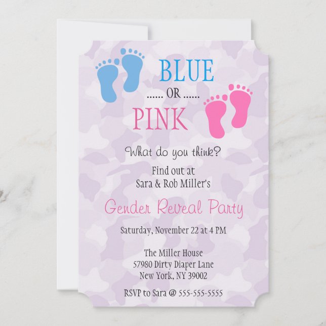 Cute Blue eller Rosa Footprint Gender Reveal Inbju Inbjudningar (Framsida)