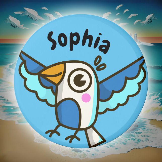 Cute Blue Fiskmås Sea Birds Kids Namn School Locke Magnet (Cute seagull doodle kids' name sticker in ocean blue)