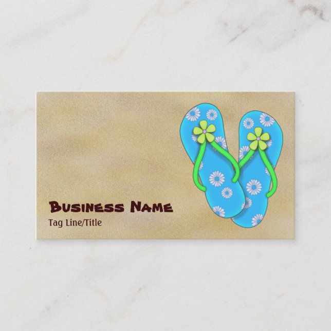 Cute Blue Flip Flop med Flowers på Sand Beach Visitkort (Framsida)
