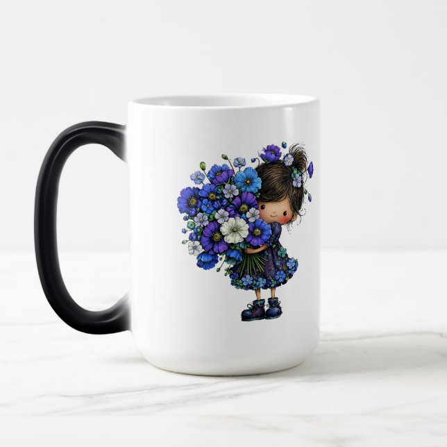 Cute Blue Floral Girl Bouquet Art Design Magisk Mugg (Vänster)