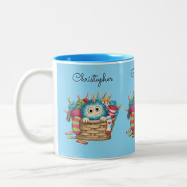 Cute Blue Fluffy Sock Monster Kids Design Två-Tonad Mugg