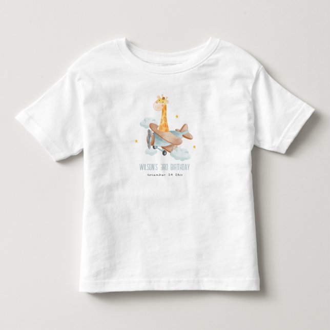 Cute Blue Fly over Giraffe Animal Flygplan födelse T Shirt (Framsida)