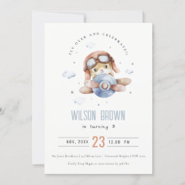 Cute Blue Fly over Teddy Animal Flygplan Birday Inbjudningar