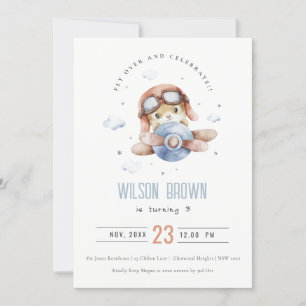 Cute Blue Fly over Teddy Animal Flygplan Birday Inbjudningar
