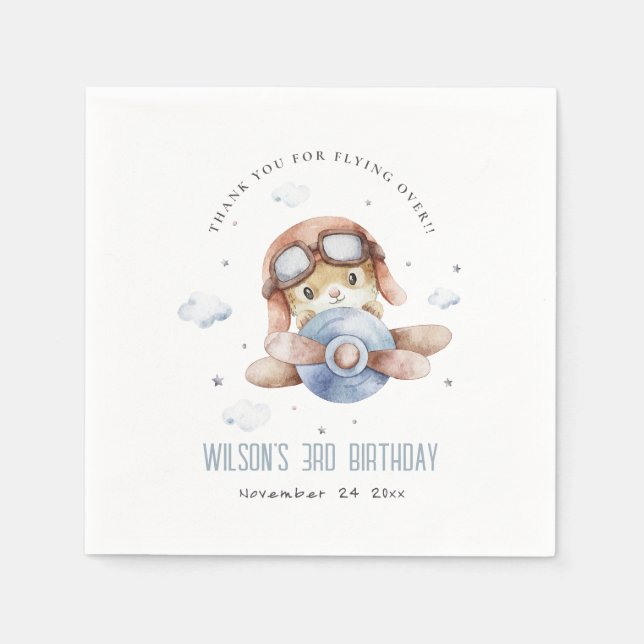 Cute Blue Fly over Teddy Animal Flygplan Birday Pappersservett (Framsidan)