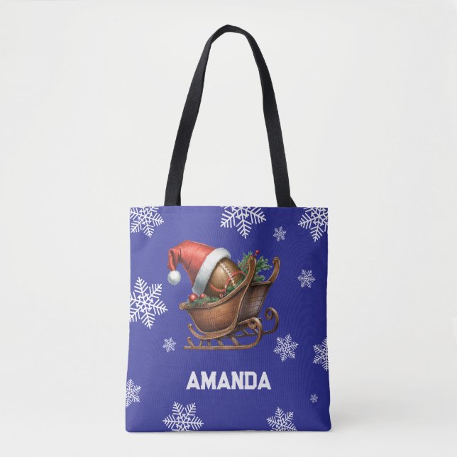 Cute Blue Football Santa Sleigh Namn Tygkasse (Framsida)