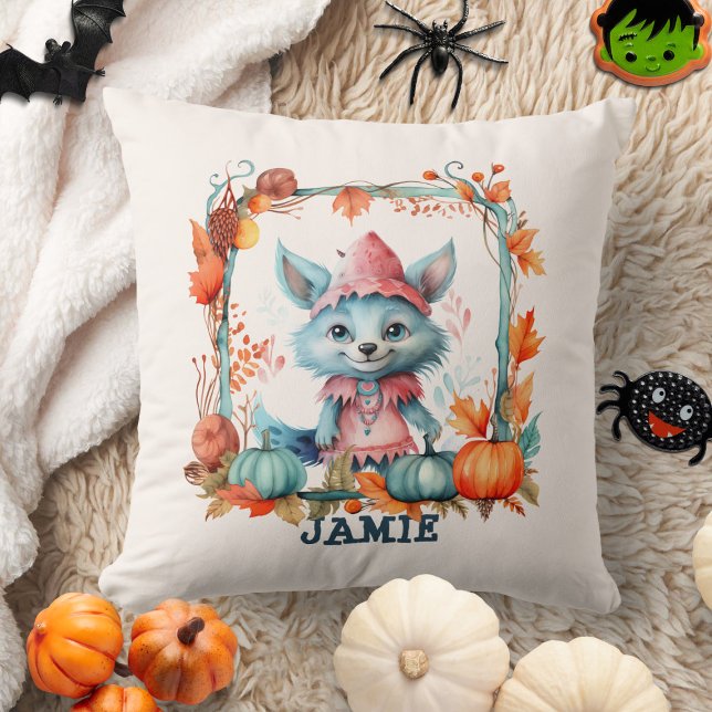 Cute Blue Fox Orange Pumpkin Kids Halloween Kudde (Skapare uppladdad)