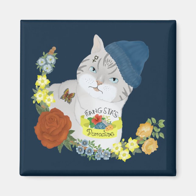 Cute Blue Gangster Kattunge Tecknad Illustration Magnet (Framsidan)