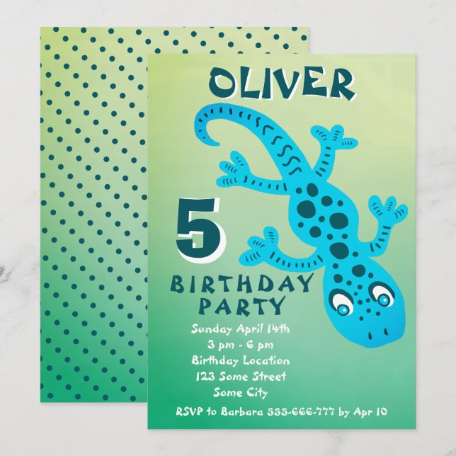 Cute Blue Gecko Lizard Boy Birthday Party  Inbjudningar (Fram/baksida)