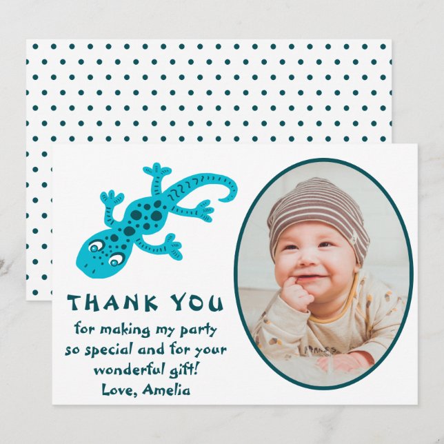 Cute Blue Gecko Lizard Kid Photo Birthday Tack Kort (Fram/baksida)