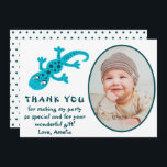 Cute Blue Gecko Lizard Kid Photo Birthday Tack Kort<br><div class="desc">Cute Blue Gecko Lizard Kid Photo Birthday Tack för ditt kort. En söt teckning av levande blå gecko-ödla med mörkar. Lägg till fotot och text.</div>