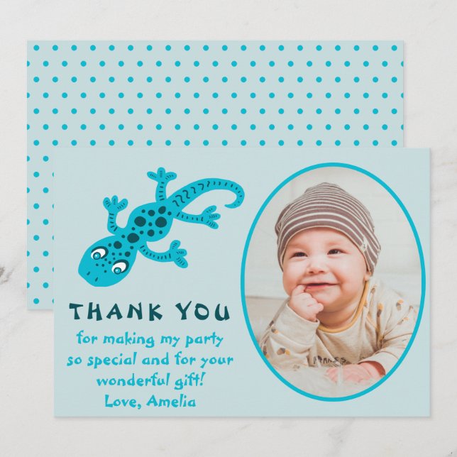 Cute Blue Gecko Lizard Kid Photo Birthday Tack Kort (Fram/baksida)