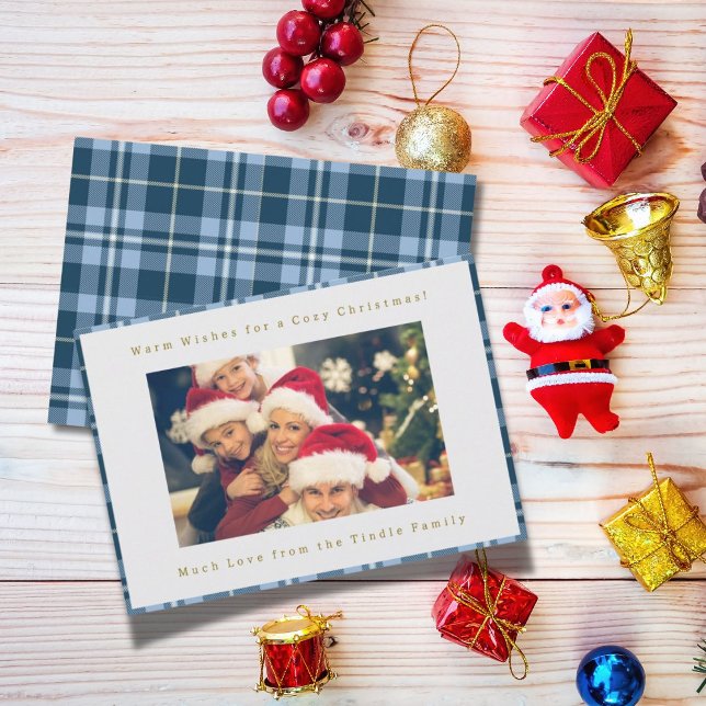 Cute Blue Gingham Play Family Photo jul Julkort (Blue Gingham Plaid Single Photo Christmas Holiday Greeting Card)