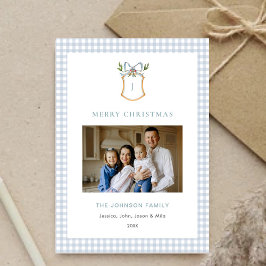 Cute Blue Gingham Play Monogrammed-jul Julkort