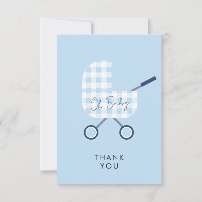 Cute Blue Gingham Pram Baby Shower Tack Kort (Framsida)