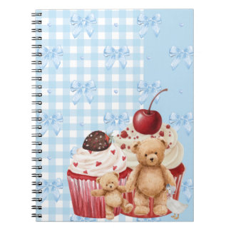 Cute Blue Gingham Teddy Bear & Ribbon Anteckningsbok
