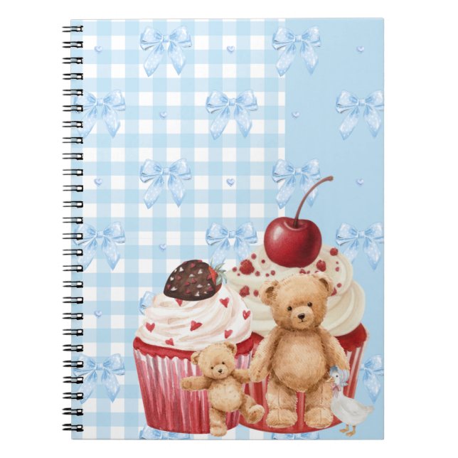 Cute Blue Gingham Teddy Bear & Ribbon Anteckningsbok (Framsidan)
